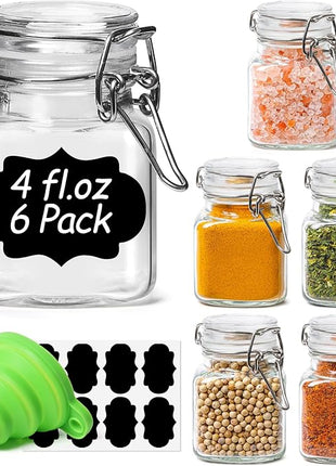 ComSaf 4 oz Glass Jars with Lid, Set of 6 Mini Airtight Glass Jars, Spice Jars, Small Mason Jar, Canning Jar Square with Seal Wire Clip Fastening, Labels & Funnels for Jam, Honey, Kitchen, Wedding