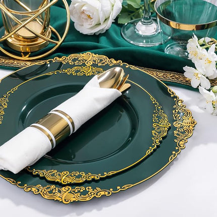 Nervure 350PCS Green Plastic Plates - Green Gold Plastic Dinnerware Sets for 50 Guests - 100 Disposable Plates, 150 Gold Silverware, 50 Cups, 50 Napkins Perfect for Wedding & Party