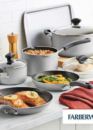Farberware Cookstart DiamondMax Nonstick Cookware/Pots and Pans Set, Dishwasher Safe, Includes Baking Pan and Cooking Tools, 15 Piece - Silver