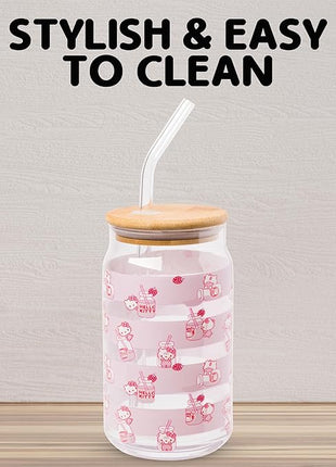 Silver Buffalo Sanrio Hello Kitty Strawberry Milk Pink Glass Jar Tumbler with Bamboo Lid and Glass Straw, 16 Ounces