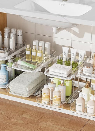 Delamu 4 Pack 2-Tier Bathroom Under Sink Organizers and Storage, Multi-Purpose Stackable Pantry Organization and Storage, Pull Out Clear Kitchen Bathroom Cabinet Organizer with Movable Dividers, White