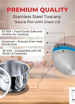 Vinod Stainless Steel Induction Friendly Tuscany Set 5 Pieces - Saucepan (14 cm/1.3 Litre), 3 Cassseroles (14 cm,16 cm & 18 cm/1.3,2 & 2.8 Litre), Frypan (18 cm) & 3 Glass Lids