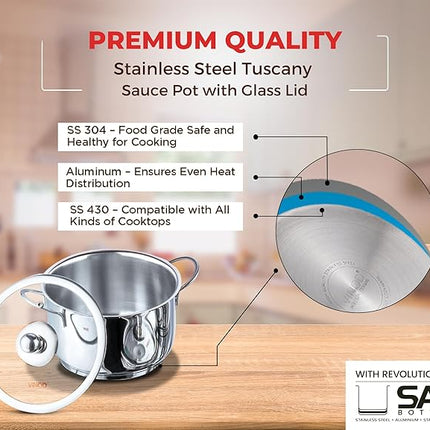 Vinod Stainless Steel Induction Friendly Tuscany Set 5 Pieces - Saucepan (14 cm/1.3 Litre), 3 Cassseroles (14 cm,16 cm & 18 cm/1.3,2 & 2.8 Litre), Frypan (18 cm) & 3 Glass Lids