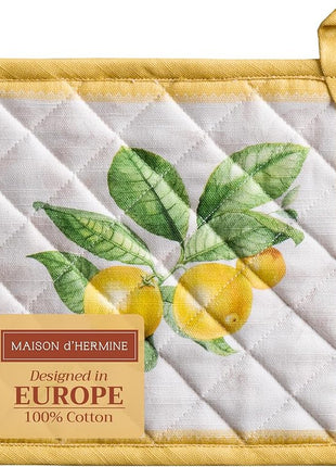 Maison d' Hermine Pot Holders 100% Cotton Heat Resistant Potholders 8" x 8" Hot Pads with Loop BBQ, Cooking, Baking, Grilling, Kitchen, Handling Hot Pans Spring/Summer (Pack of 1, Limoncello)