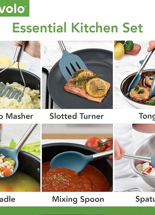 Tovolo Silicone Cooking Utensil Set of 6 Blue Slate Ladle Slotted Turner Tongs Flex Core Spatula Scraper Mixing Spoon and Potato Masher, Dishwasher Safe BPA Free Silicone Kitchen Utensils