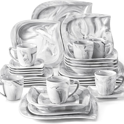 MALACASA Marble Grey Dinnerware Sets, 30-Piece Porcelain Dinnerware Set, Modern Plates and Bowls Set with Dinner Plate, Dessert Plate and Salad Pasta Bowl, Cup and Saucer, Service for 6, Series Elvira