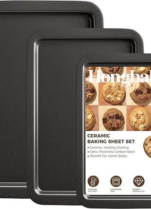 HONGBAKE Ceramic Baking Sheet Pan Set, Cookie Sheet for Oven, Bakeware Sets with Wider Grips, 3 Pack Half/Jelly Roll/Quarter Baking Tray, Premium, Dishwasher Safe - Dark Grey