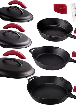 Cuisinel Cast Iron Skillets Set with Lids - 8"+10"+12"-inch Pre-Seasoned Covered Frying Pan Set + Silicone Handle and Lid Holders + Scraper/Cleaner - Use Cookware Indoor/Outdoor, Oven, Stovetop, Fire