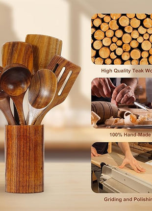 FJNATINH 10 PCS Wooden Spoons for Cooking - Teak Wooden Kitchen Utensil Set - Cooking Mixing Baking - Non-stick Healthy Kitchen Cookware Gifts for Women Housewarming Gifts