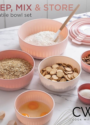 COOK WITH COLOR Prep Bowls with Lids- Wide and Deep Nesting Plastic Small Mixing Bowl Set with Lids, 12 Piece Set - Wide Bowls, Pink
