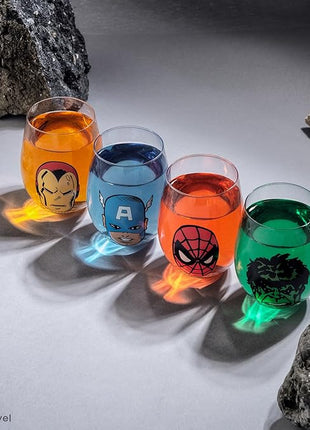 JoyJolt Marvel Heroes Stemless Drinking Glasses, 19oz Superhero Cups ft Hulk Captain America Spiderman and Iron Man, Avengers Glassware Set of 4, Marvel Gifts for Men and Women