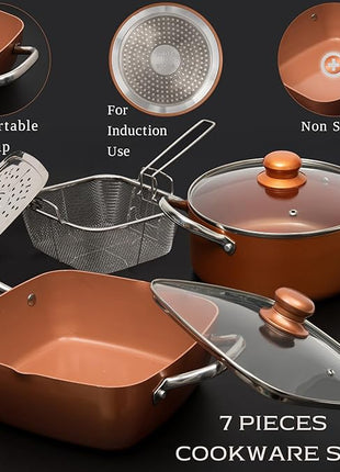 Moss & Stone 7 Pcs Copper Chef Cookware Non Stick Deep Frying Pan 9.5" x 3.5", Fry Basket, Dishwasher & Oven Safe, 5 Qt Deep Square Pot, Non Stick Pan & Round Pot, Induction Copper Cookware Set