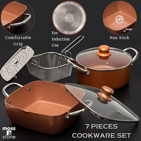 Moss & Stone 7 Pcs Copper Chef Cookware Non Stick Deep Frying Pan 9.5" x 3.5", Fry Basket, Dishwasher & Oven Safe, 5 Qt Deep Square Pot, Non Stick Pan & Round Pot, Induction Copper Cookware Set