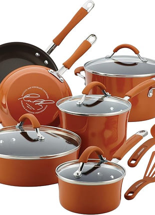 Rachael Ray Cucina Nonstick Cookware Pots and Pans Set, 12 Piece, Pumpkin Orange