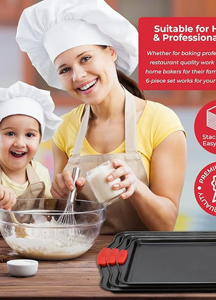 PERLLI Non-Stick 3-Piece Baking Pan Set, BPA-Free Carbon Steel Bakeware Set with Silicone Handles, Stackable Kitchen Oven Set, Cookie Sheet, Baking Tray, Baking Sheet Set, Oven Safe (446°F)