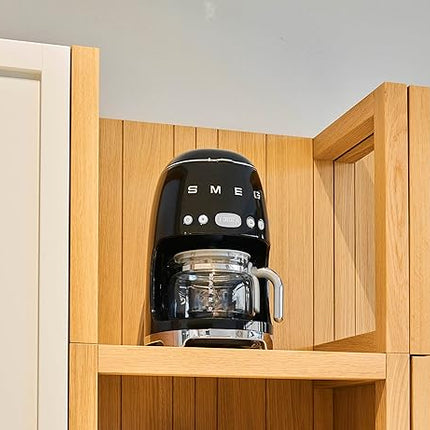 Smeg 50's Retro Style Aesthetic Drip Coffee Machine with 10 Cup Glass Carafe, Auto Start Feature, Keep Warm Plate, and Two Coffee Strength Settings (Black)