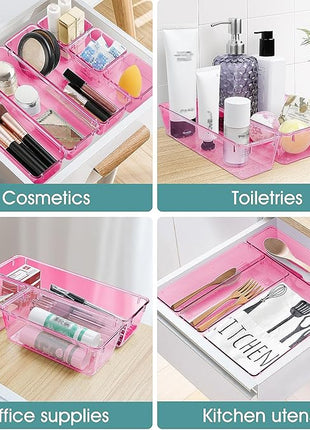 WOWBOX 25 PCS Plastic Drawer Organizer Set, 4 Sizes Desk Drawer Divider Organizers and Storage Bins for Makeup, Jewelry, Gadgets for Kitchen, Bedroom, Bathroom, Office, Clear Pink