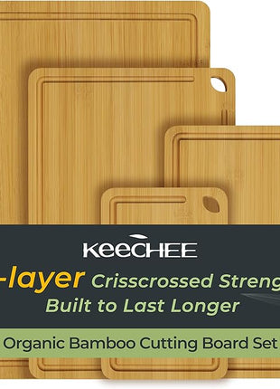 4-Pcs Natural Wood Cutting Board Set Kitchen Tools with Juice Groove, Wooden Chopping Board for Meat, Fruit, Vegetables & Cheese (Pre Oiled, Natural)