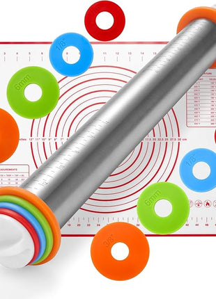 17 Inch Adjustable Stainless Steel Rolling Pin with 4 Thickness Rings & Non-Stick Pastry Mat – Professional Dough Roller for Pizza, Cookies, Pasta & Pies - Red