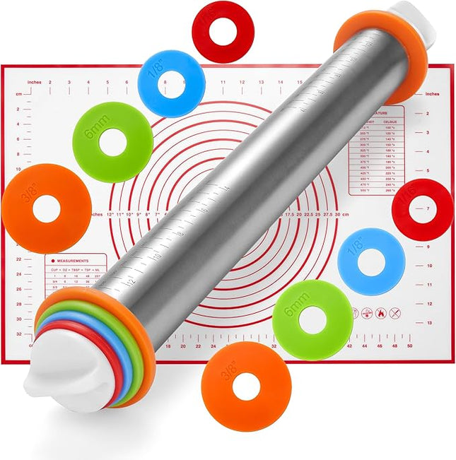 17 Inch Adjustable Stainless Steel Rolling Pin with 4 Thickness Rings & Non-Stick Pastry Mat – Professional Dough Roller for Pizza, Cookies, Pasta & Pies - Red