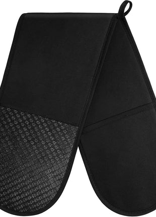 AUAUY Black Double Oven Mitts, 250°C/482°F Heat Resistant BBQ Mittens with Ropes, Silicone Non-Slip Design Kitchen Mittens, Cooking Glove Top Kitchen Gadgets for Cooking Baking Grilling