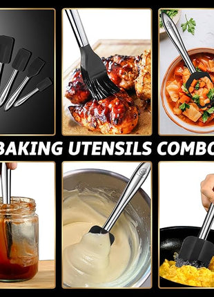 5pcs Silicone Spatula Cooking Utensils Set with Stainless Steel Handles, Premium Heat-Resistant Kitchen Utensils for Baking, Spoonula & Silicone Brush Included, Safe for Nonstick Cookware (Black)