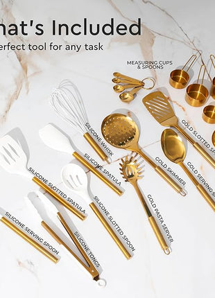 Gold Kitchen Utensils Set - 19-Piece Set Includes Stainless Steel Gold Utensils, White Silicone Tools, and Measuring Cups and Spoons - Luxury Kitchen Accessories for Modern Cooking, Serving, & Gifting
