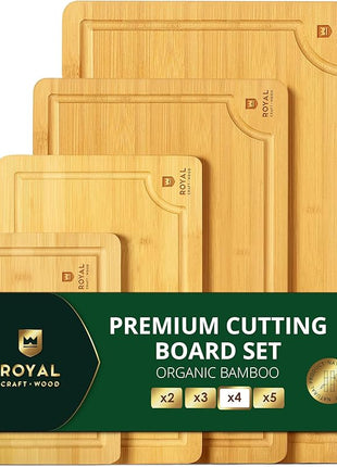 ROYAL CRAFT WOOD Wooden Cutting Boards for Kitchen Meal Prep & Serving - Bamboo Wood Serving Board Set with Deep Juice Groove Side Handles - Charcuterie & Chopping Butcher Block for Meat