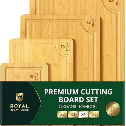 ROYAL CRAFT WOOD Wooden Cutting Boards for Kitchen Meal Prep & Serving - Bamboo Wood Serving Board Set with Deep Juice Groove Side Handles - Charcuterie & Chopping Butcher Block for Meat