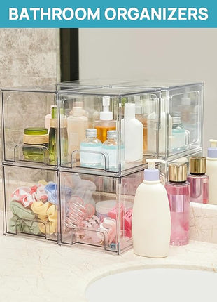 Vtopmart 6 pack Stackable Storage Drawers, 6.6''Tall Acrylic Bathroom Makeup Organizers,Clear Plastic Drawers For Vanity, Undersink, Kitchen Cabinet,Pantry Organization and Storage