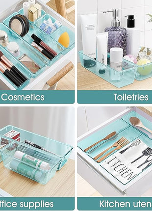 WOWBOX 25 PCS Plastic Drawer Organizer Set, 4 Sizes Desk Drawer Divider Organizers and Storage Bins for Makeup, Jewelry, Gadgets for Kitchen, Bedroom, Bathroom, Office, Sea Blue