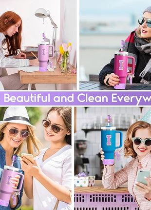 Mity rain 6PCS Cup Accessories Set for Stanley Cup 30oz 40oz tumbler with handle, Including Silicone Straw Topper Cover Cap and Boot, Spill Proof Stopper, Handle Charm, Initials Sticker (Letter I)