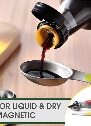 Spring Chef Stainless Steel Magnetic Measuring Spoons Set with Strong Magnets, Heavy Duty Metal Kitchen Essentials - Fits in Most Kitchen Spice Jars, Multicolor, Set of 8 with Leveler