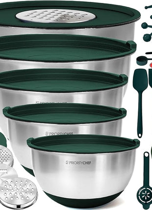 Priority Chef Stainless Steel Mixing Bowls with Lids Set, Metal Nesting Bowls with Airtight Lids, Graters, Non-Slip Base & Measurement Marks, Includes Utensil Set for Prep, Baking & Storage, Green