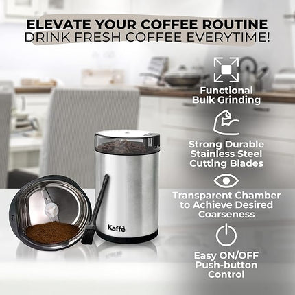 Kaffe Coffee Grinder Electric. Best Coffee Grinders for Home Use. (14 Cup) Easy On/Off w/Cleaning Brush Included. Stainless Steel