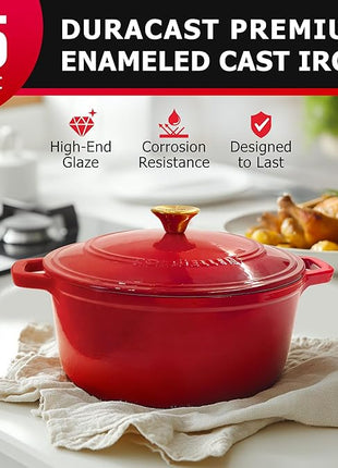 MUELLER HOME 4.5 QT Enameled Cast Iron Dutch Oven, Heavy-Duty Casserole Dish and Braiser Pan with Lid and Stainless Knob, Oven-Safe up to 500° F & Across All Cooktops, Red