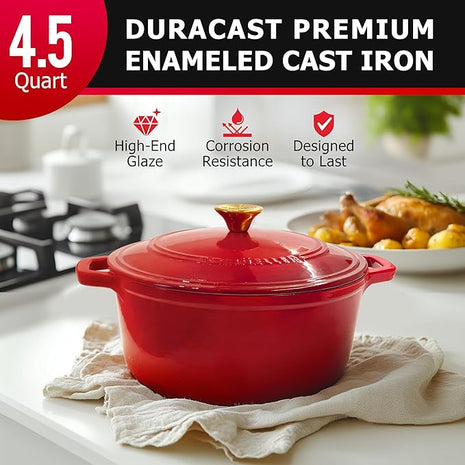 MUELLER HOME 4.5 QT Enameled Cast Iron Dutch Oven, Heavy-Duty Casserole Dish and Braiser Pan with Lid and Stainless Knob, Oven-Safe up to 500° F & Across All Cooktops, Red