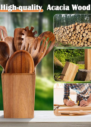 Wooden Spoons for Cooking, 11 Pcs Wood Cooking Utensils Set with Holder, Natural Acacia Wooden Kitchen Tools, Nonstick Cookware, Easy Clean, Kitchen Utensil Set for Mom, Wife Cooking Gifts