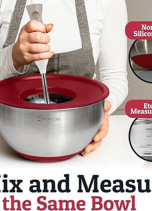 Priority Chef Stainless Steel Mixing Bowls with Lids Set, 3 Grater Attachments, Airtight Lids, Non-Slip Silicone Base Mixing Bowl Set, Large Prep Metal Mixing Bowls for Kitchen, Red