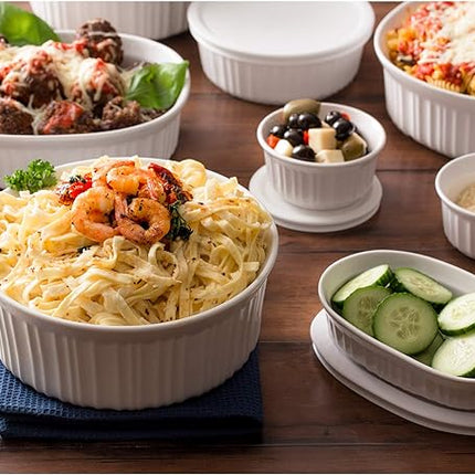 CorningWare French White 20-Pc Ceramic Bakeware Set with Lids Chip and Crack Resistant Stoneware Baking Supplies, Microwave, Dishwasher, Oven, Freezer and Fridge Safe