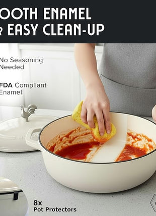 MUELLER HOME 5.5 Quart Enameled Cast Iron Oval Dutch Oven with Rooster Knob & Cotton Potholders, Heavy-Duty Cookware, Oven-Safe up to 500° F & Across All Cooktops, Gifts for Grandma & Women, White