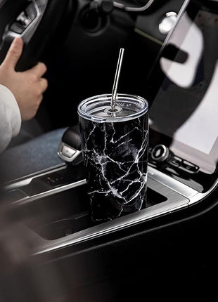 THILY Stainless Steel Vacuum Insulated Tumbler 26 oz Triple-Insulated Travel Mug with Splash-Proof Lid, for Iced Coffee and Hot Beverage, White Marble + Black Marble