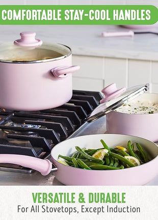 GreenLife Soft Grip Healthy Ceramic Nonstick 18 Piece Kitchen Cookware Pots and Frying Sauce Saute Pans Set, PFAS-Free with Kitchen Utensils and Lid, Dishwasher Safe, Soft Pink