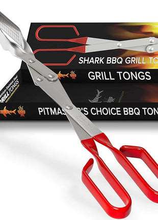 Shark BBQ Steak Grill Tongs - 17 inch Red. Professional outdoor grilling utensil. Long reach Barbeque Grilling Tongs. Ideal for steak, fish, burger, and sausage