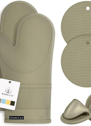 Rorecay 6pcs Oven Mitts and Pot Holders Sets Heat Resistant 500 Degrees, Extra Long Silicone Oven Gloves Non-Slip Potholders Hot Pads for Kitchen Baking Cooking, Quilted Liner, Martini Olive