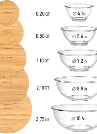Stackable Space-Saving Set of 5 Nesting Glass Bowls with Bamboo Lids for Foodprep, Storage, Baking, Mixing & Cooking, Microwave & Oven Safe BPA Free Heat Resistant Inert Borosilicate Glass