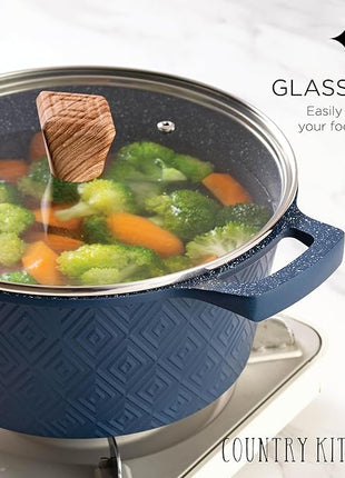 Country Kitchen Non-Stick Cast Aluminum Cookware Set - Durable Kitchen Cookware for Everyday Cooking, Navy, 11 Pc.