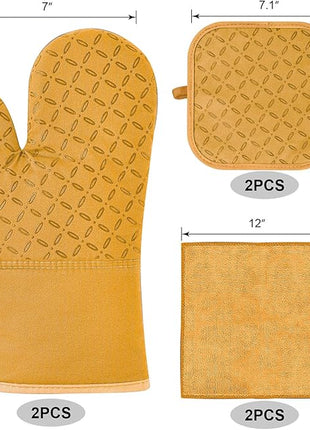 KEGOUU Oven Mitts and Pot Holders 6pcs Set, Kitchen Oven Glove High Heat Resistant 500 Degree Extra Long Oven Mitts and Potholder with Non-Slip Silicone Surface for Cooking （Orange）