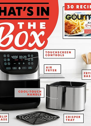 Gourmia Air Fryer - 8 Qt Extra Large Capacity, FryForce360º, Digital Display with 12 Presets, Roast, Bake, Broil, Dehydrate, Dishwasher Safe Accessories, Stainless Steel