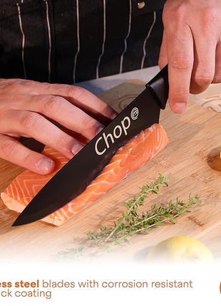 MasterChef Kitchen Knife Set with Covers, 6 Professional Chef Knives for Home Kitchens, Extra Sharp Cutting Stainless Steel Blades & Protective Sheaths, Soft-Touch Easy-Grip Handles, Essential Black